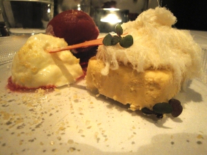 Agave nectar cheesecake with rhubarb sorbet, yoghurt foam and vanilla fairy floss