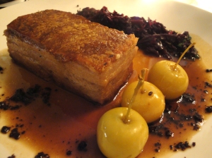 Twice cooked otway pork belly, spiced baby apples, cavolo rosso, leatherwood honey